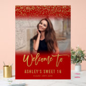 赤モダン金ゴールドグリッターSweet 16フォトウェルカム アクリルサイン (ウェディング)