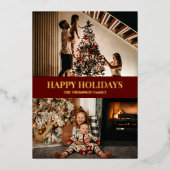 赤モダン金ゴールドスクリプトハッピーホリデー写真 箔シーズンカード (正面)