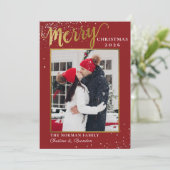 赤モダン金ゴールドスクリプトメリークリスマスフォト シーズンカード (スタンド正面)