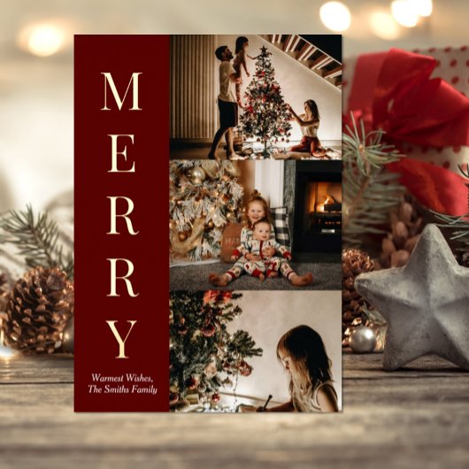 赤モダン金ゴールドスクリプトメリークリスマスフォト 箔シーズンカード