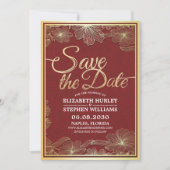 赤モダン金ゴールドフローラフレーム結婚式の日付を保存 セーブザデート (正面)