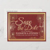 赤モダン金ゴールドフローラフレーム結婚式の日付を保存 案内ポストカード (正面/裏面)