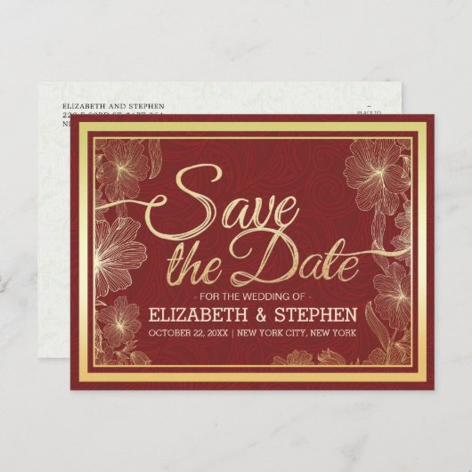 赤モダン金ゴールドフローラフレーム結婚式の日付を保存 案内ポストカード (正面/裏面)