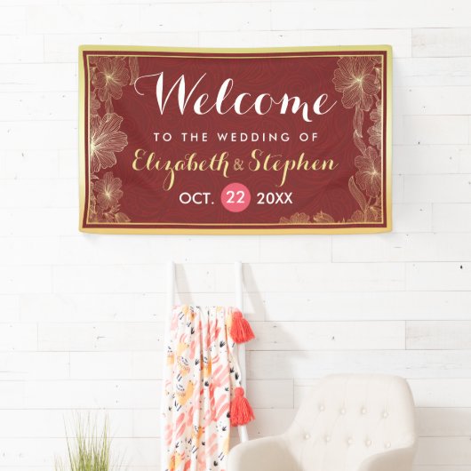 赤モダン金ゴールドフローラフレ結婚ームのウェルカムサイン 横断幕 (インサイチュ)