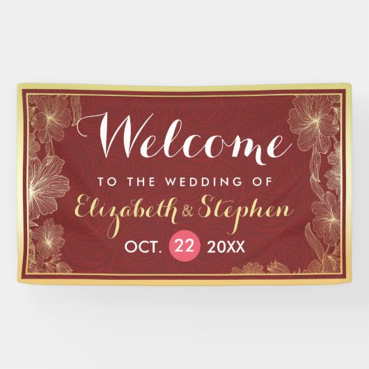 赤モダン金ゴールドフローラフレ結婚ームのウェルカムサイン 横断幕 (横)