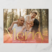 赤モダン金ゴールドメリー写真クリスマス 箔シーズンポストカード (正面)