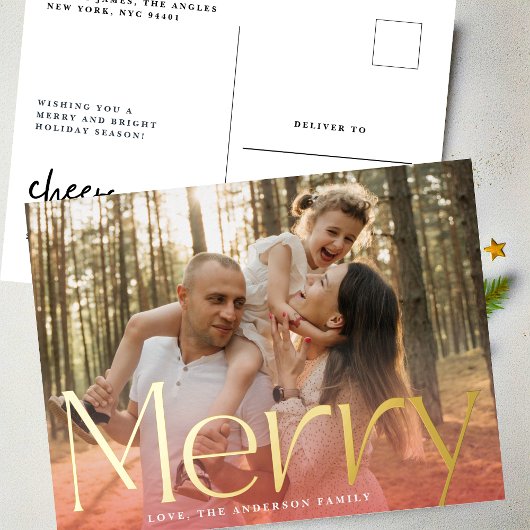 赤モダン金ゴールドメリー写真クリスマス 箔シーズンポストカード