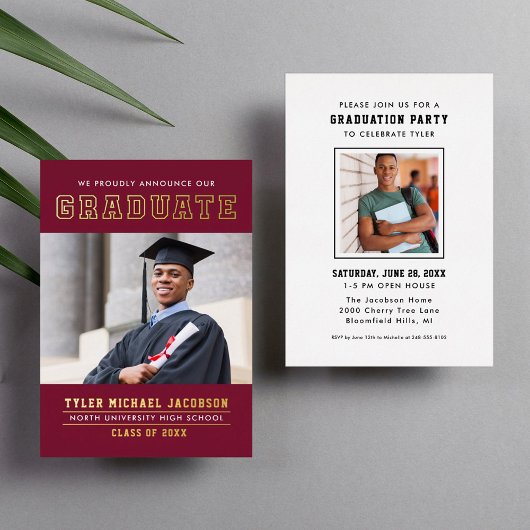 赤モダン金ゴールド大学院写真修士会 箔招待状