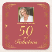 赤モダン金ゴールド50素晴らしい写真誕生日 スクエアペーパーコースター (正面)