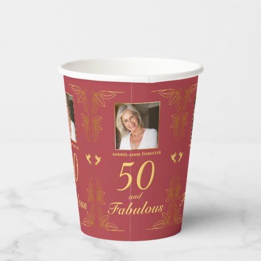 赤モダン金ゴールド50素晴らしい写真誕生日 紙コップ (右)