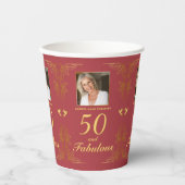 赤モダン金ゴールド50素晴らしい写真誕生日 紙コップ (正面)