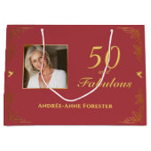 赤モダン金ゴールド50素晴らしい誕生日写真 ラージペーパーバッグ (正面)