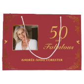 赤モダン金ゴールド50素晴らしい誕生日写真 ラージペーパーバッグ (裏面)