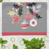 赤モダン金ゴールド&シルバーオーナメントグレー キッチンタオル (折り畳み)