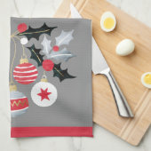 赤モダン金ゴールド&シルバーオーナメントグレー キッチンタオル (四つ折り)