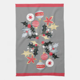 赤モダン金ゴールド&シルバーオーナメントグレー キッチンタオル