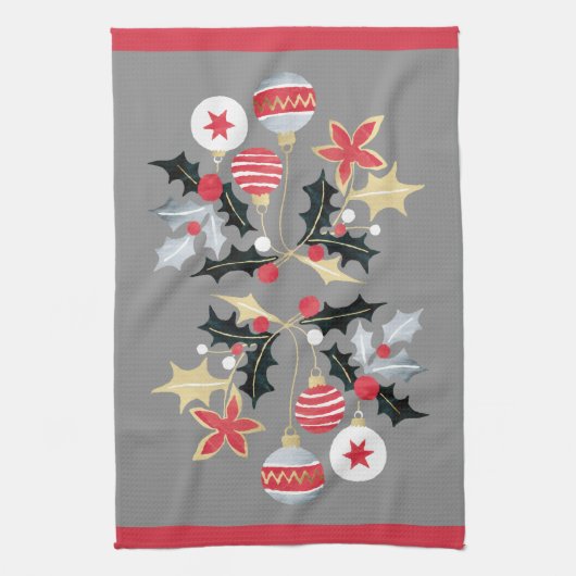 赤モダン金ゴールド&シルバーオーナメントグレー キッチンタオル (縦)