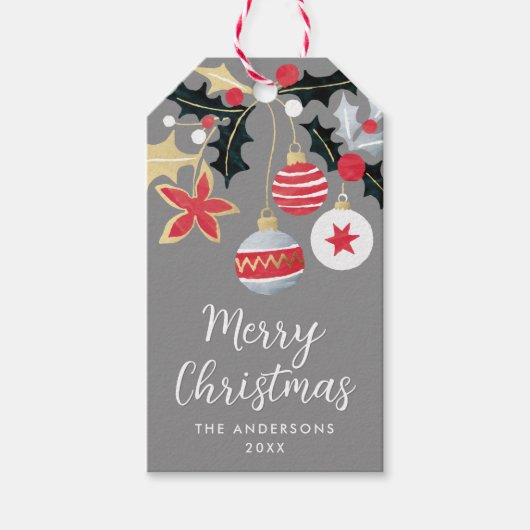 赤モダン金ゴールド&シルバークリスマスオーナメント ギフトタグ (正面)