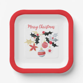 赤モダン金ゴールド&シルバークリスマスオーナメント ペーパープレート