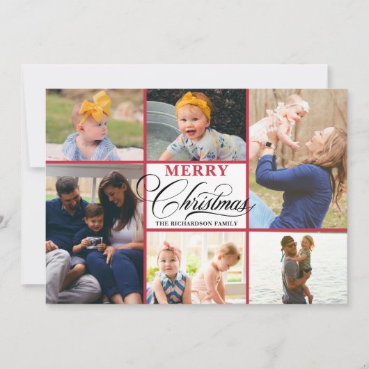 赤モダン雪片スクリプエレガントト写真コラージュ シーズンカード (正面)