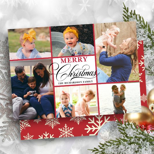赤モダン雪片スクリプエレガントト写真コラージュ シーズンカード