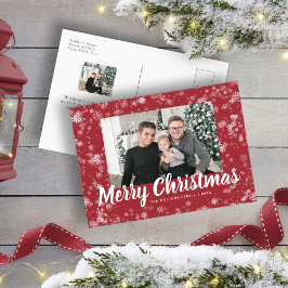 赤モダン雪片フォトクリスマスポストカード ポストカード
