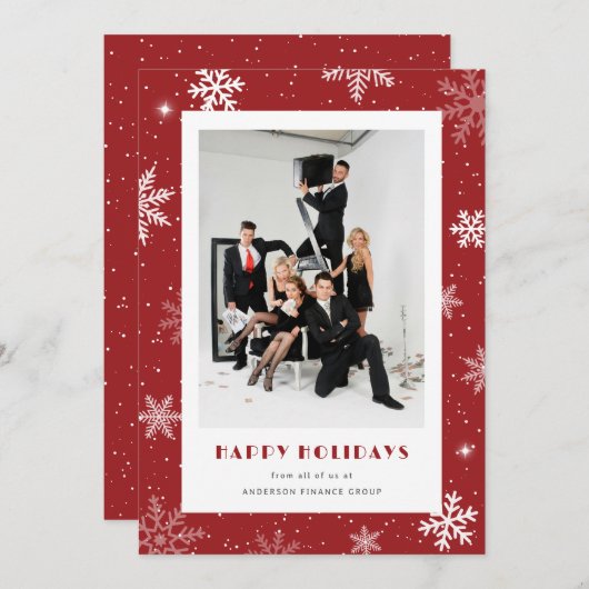 赤モダン雪片フォトビ企業のジネス シーズンカード (正面/裏面)