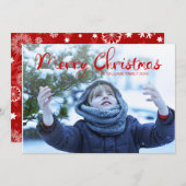 赤モダン雪片メリークリスマスフォトカード シーズンカード (正面/裏面)