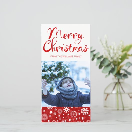 赤モダン雪片メリークリスマスフォトカード シーズンカード (スタンド正面)
