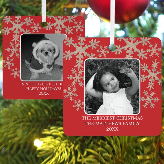 赤モダン雪素朴片2写真かわいい休日 メタルオーナメント