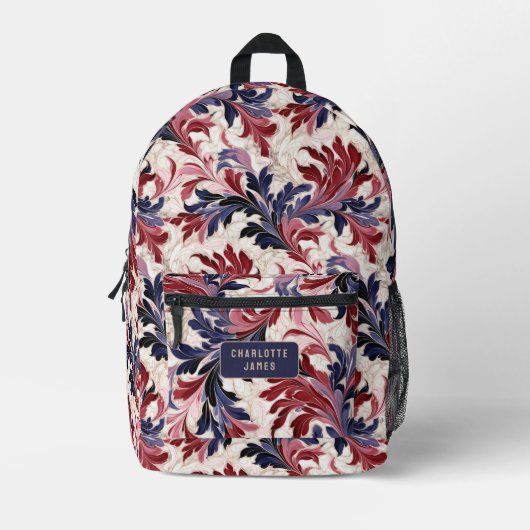 赤モダン青フローラパーソナライズされた名 プリントバックパック (正面)