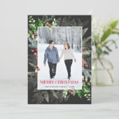 赤モダン黒の緑のメリークリスマスフォト シーズンカード (スタンド正面)