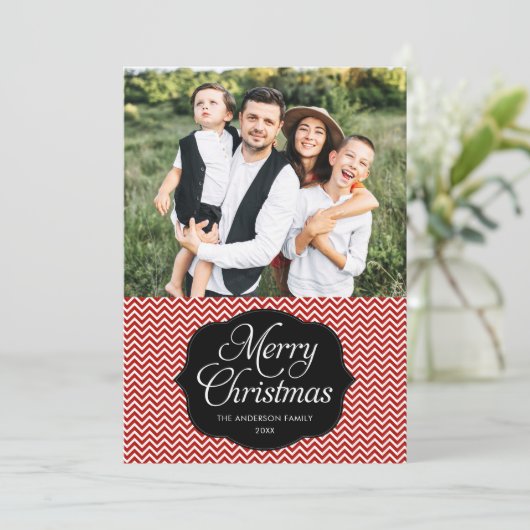 赤モダン黒シェブロンのクリスマスフォトカード シーズンカード (スタンド正面)