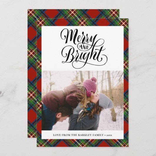 赤モダン黒タータンチェックプレイドおもしろいスクリプトシンプル シーズンカード (正面/裏面)