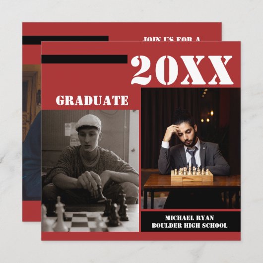 赤モダン黒チェス写真卒業 招待状 (正面/裏面)