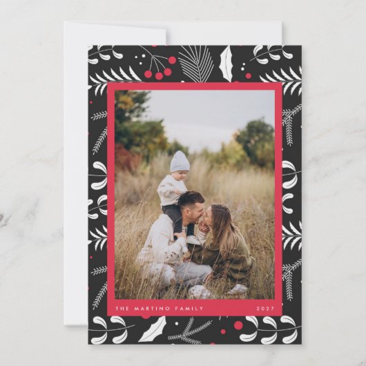 赤モダン黒フォークフローラ写真クリスマスカード シーズンカード (正面)