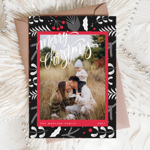 赤モダン黒フォークフローラ写真クリスマスカード シーズンカード
