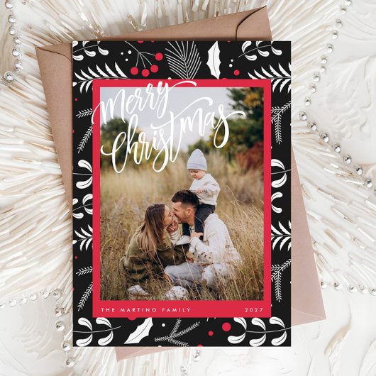 赤モダン黒フォークフローラ写真クリスマスカード シーズンカード