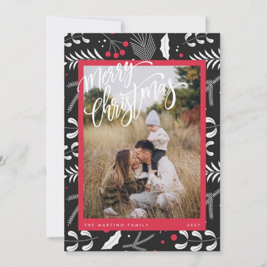 赤モダン黒フォークフローラ写真クリスマスカード シーズンカード (正面)