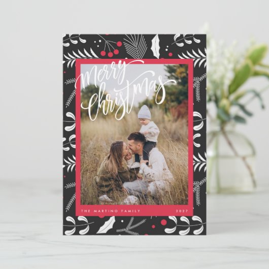 赤モダン黒フォークフローラ写真クリスマスカード シーズンカード (スタンド正面)