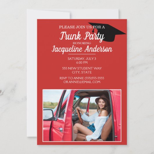 赤モダン黒写真大学トランクパーティー 招待状 (正面)