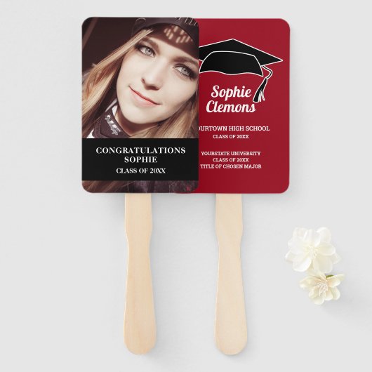 赤モダン黒卒業キャップフォトクラス ハンドファン (正面&裏面)