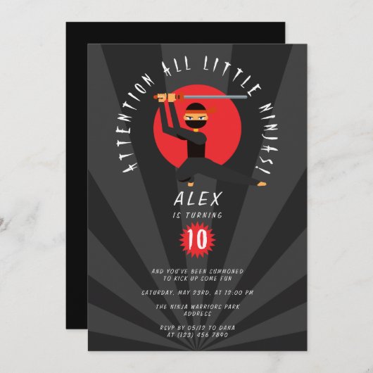 赤モダン黒忍者戦士ボーイバースデーパーティー 招待状 (正面/裏面)