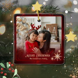 赤モダン2枚の写真ファミリークリスマス セラミックオーナメント