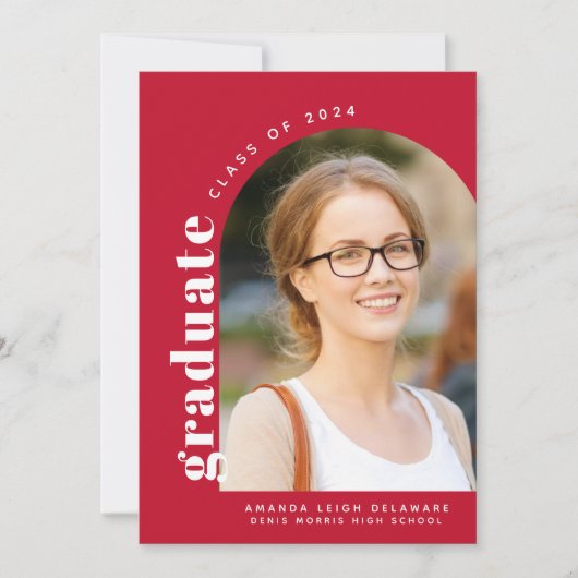 赤モダン2024年3月写真卒業 案内状 (正面)