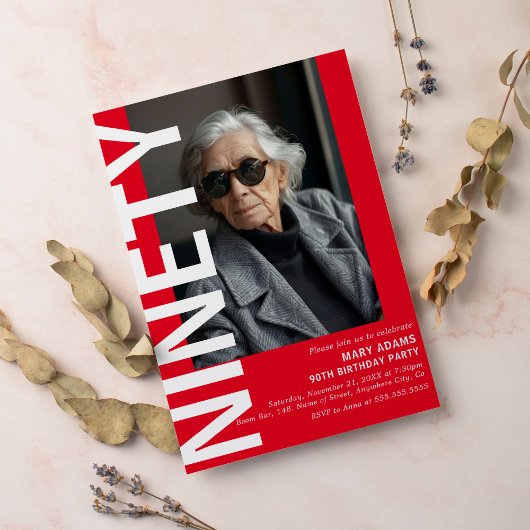 赤モダン90回写真第90回誕生日パーティー 招待状