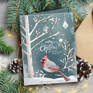 赤モダン（鳥）ショウジョウコウカンチョウ冬の風景クリスマス カード