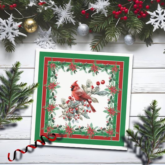 赤モッキンバードポインセチア縁どグリーン スタンダードカクテルナプキン