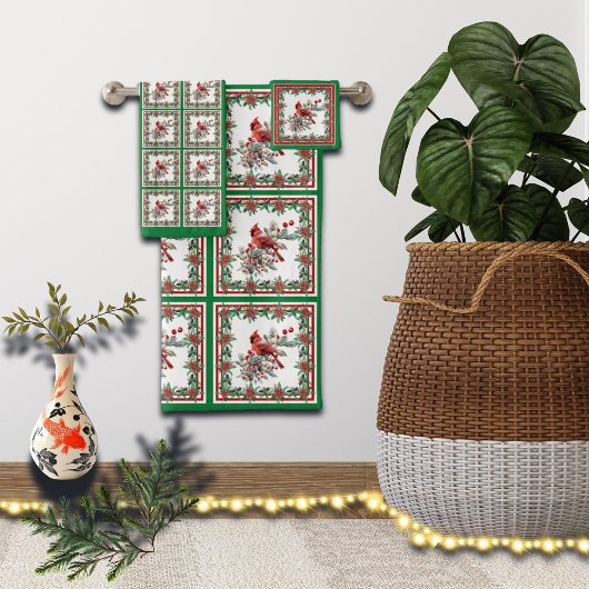 赤モッキンバードポインセチア縁どグリーン バスタオルセット