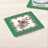 赤モッキンバードポインセチア縁どグリーン ペーパーコースター (アングル)